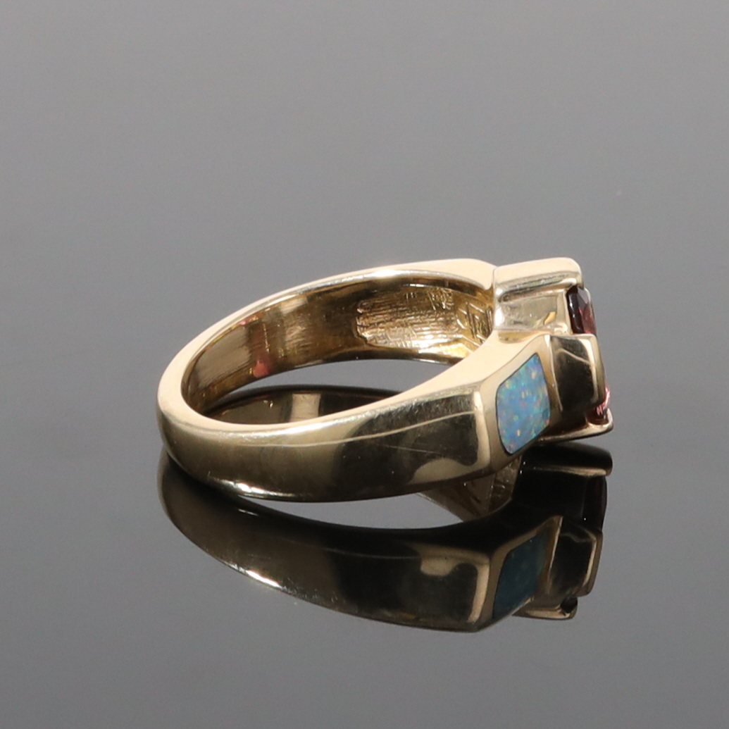 Opal Rings 2 Section Inlaid Design with Oval Pink Tourmaline