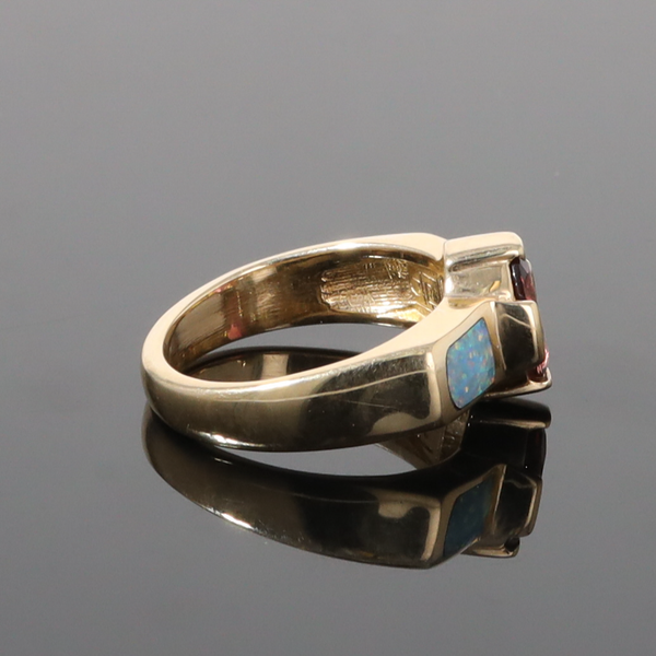 Opal Rings 2 Section Inlaid Design with Oval Pink Tourmaline