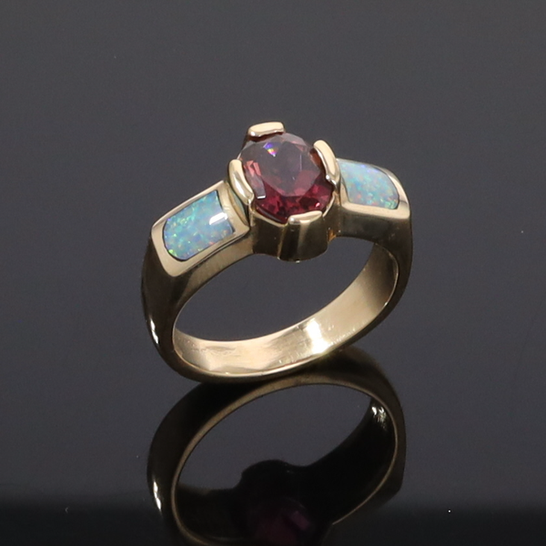 Opal Rings 2 Section Inlaid Design with Oval Pink Tourmaline