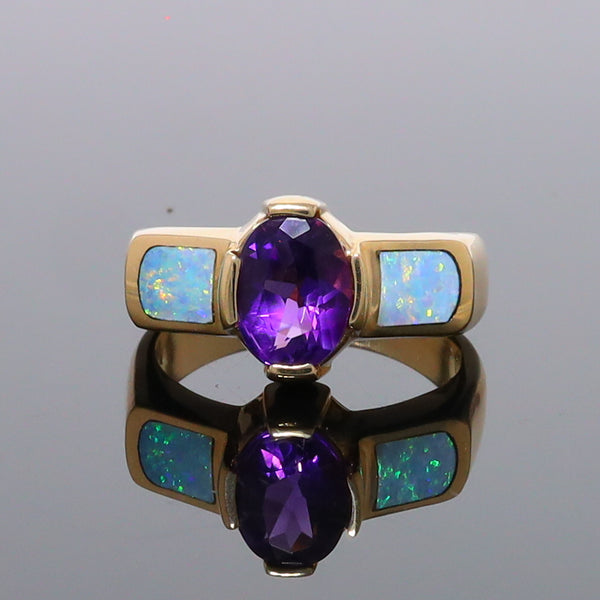 Opal Rings 2 Section Inlaid Design with Oval Amethyst Center
