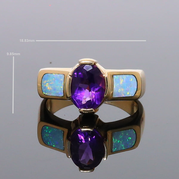 Opal Rings 2 Section Inlaid Design with Oval Amethyst Center