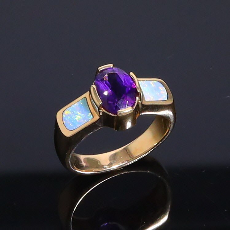 Opal Rings 2 Section Inlaid Design with Oval Amethyst Center