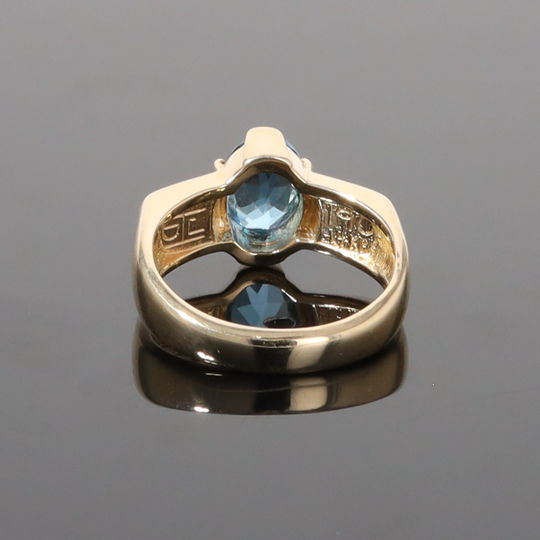 Opal Rings 2 Section Inlaid Design with Oval Swiss Blue Topaz Center
