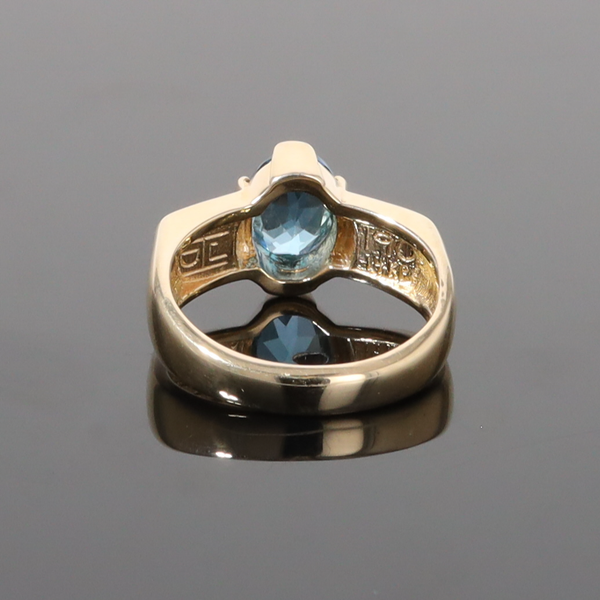 Opal Rings 2 Section Inlaid Design with Oval Swiss Blue Topaz Center