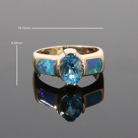 Opal Rings 2 Section Inlaid Design with Oval Swiss Blue Topaz Center