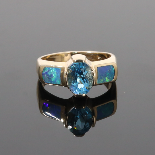 Opal Rings 2 Section Inlaid Design with Oval Swiss Blue Topaz Center