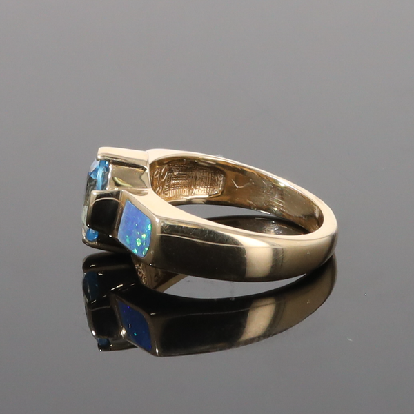 Opal Rings 2 Section Inlaid Design with Oval Swiss Blue Topaz Center