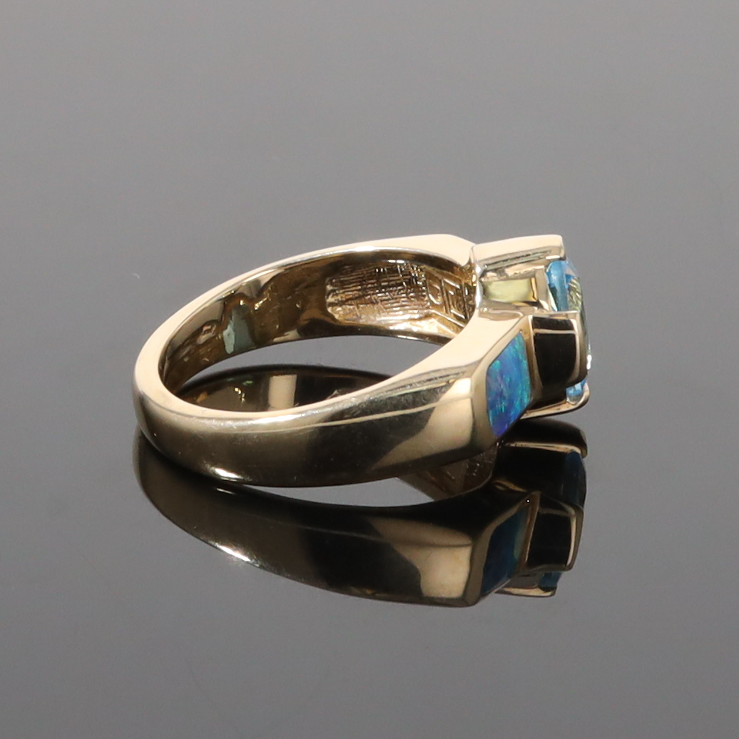 Opal Rings 2 Section Inlaid Design with Oval Swiss Blue Topaz Center