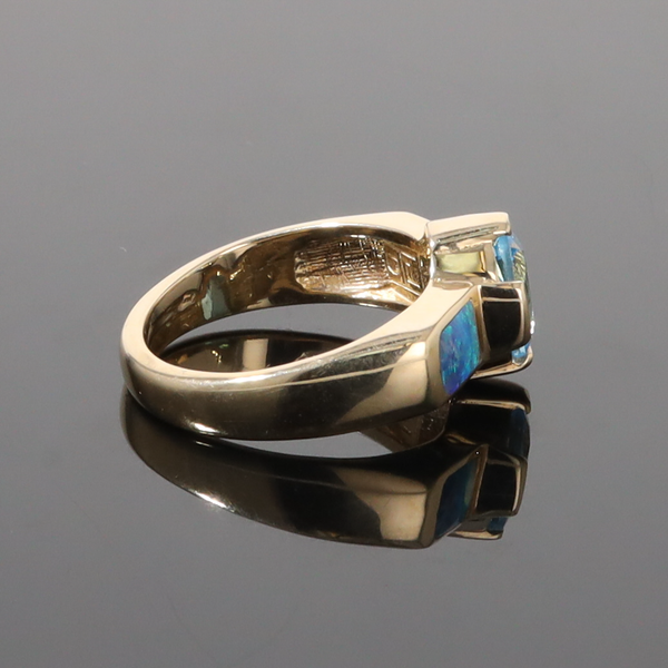 Opal Rings 2 Section Inlaid Design with Oval Swiss Blue Topaz Center