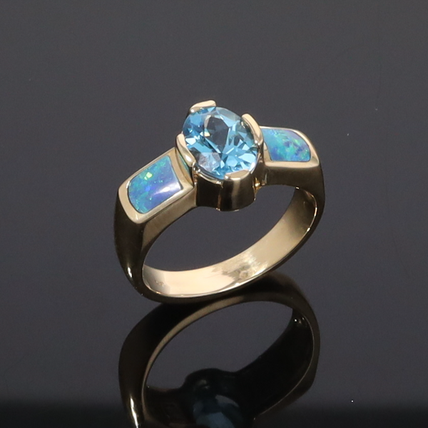 Opal Rings 2 Section Inlaid Design with Oval Swiss Blue Topaz Center
