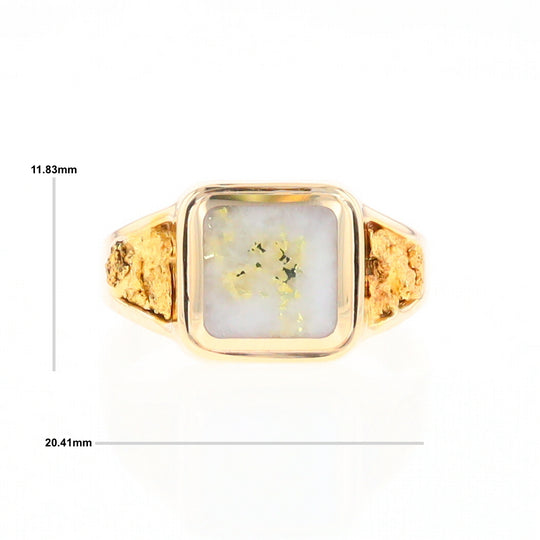 Gold Quartz Ring Square Inlaid Center Design with Natural Nugget Sides