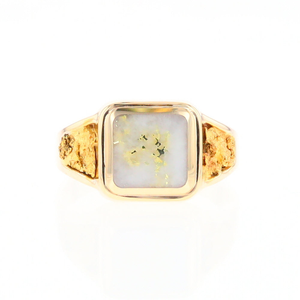 Gold Quartz Ring Square Inlaid Center Design with Natural Nugget Sides