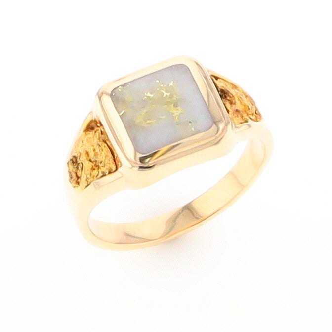 Gold Quartz Ring Square Inlaid Center Design with Natural Nugget Sides