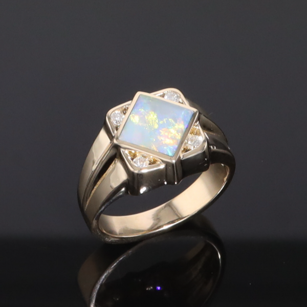 Natural Australian Opal ring diamond shape inlaid design with .16ctw round diamonds