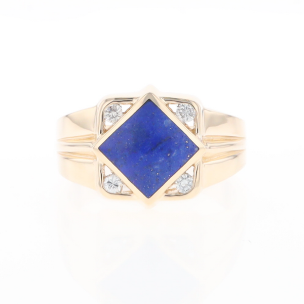 Natural Lapis ring diamond shape inlaid design with .16ctw round diamonds