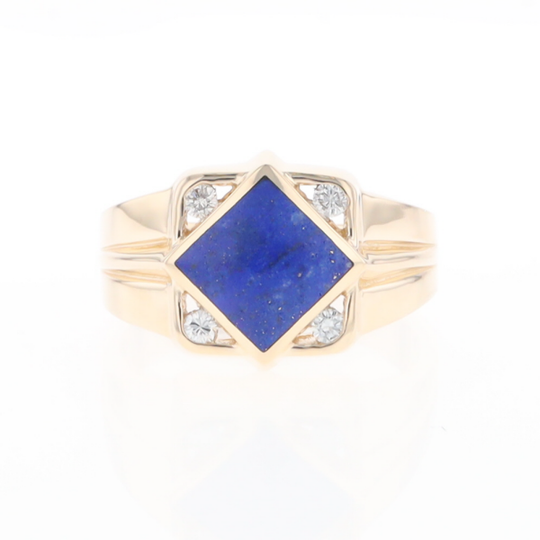 Natural Lapis ring diamond shape inlaid design with .16ctw round diamonds