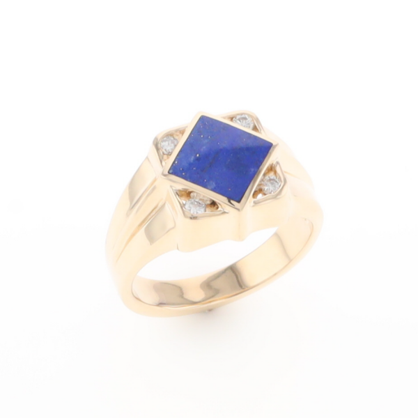 Natural Lapis ring diamond shape inlaid design with .16ctw round diamonds