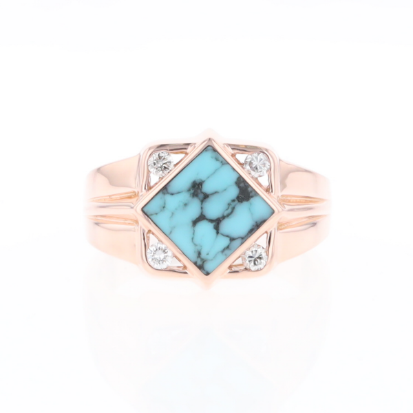 Natural Turquoise ring diamond shape inlaid design with .16ctw round diamonds