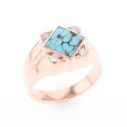 Natural Turquoise ring diamond shape inlaid design with .16ctw round diamonds