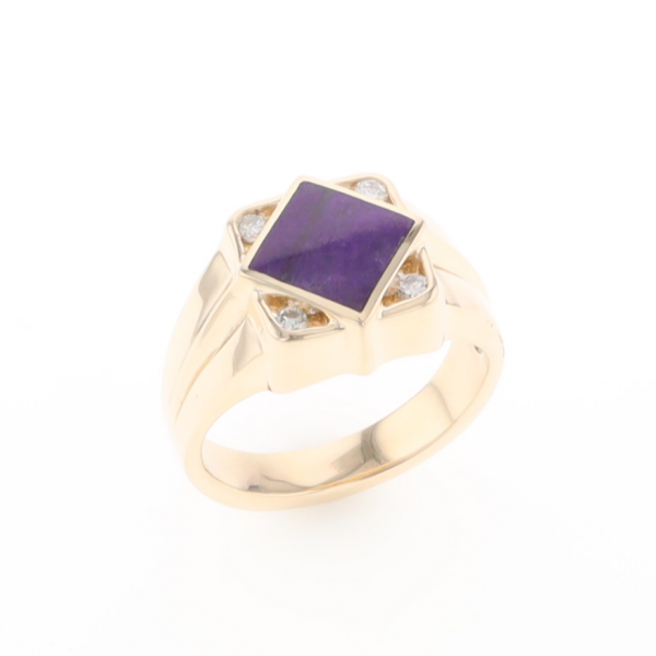 Natural Sugilite ring diamond shape inlaid design with .16ctw round di ...