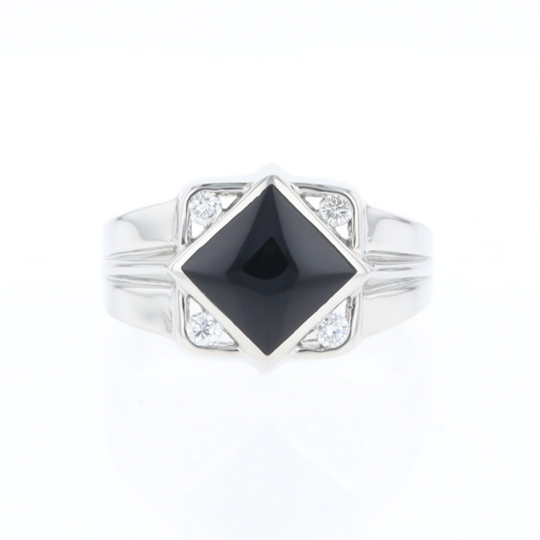 Natural onyx ring diamond shape inlaid design with .16ctw round diamonds