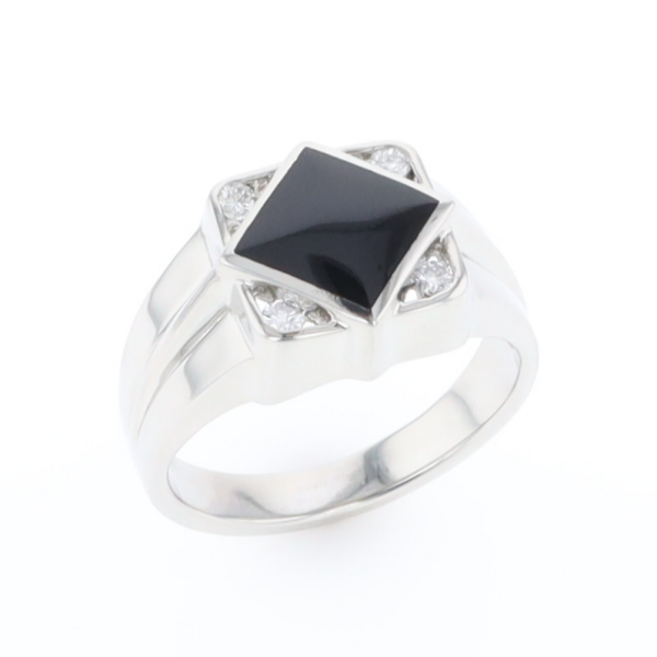 Natural onyx ring diamond shape inlaid design with .16ctw round diamonds