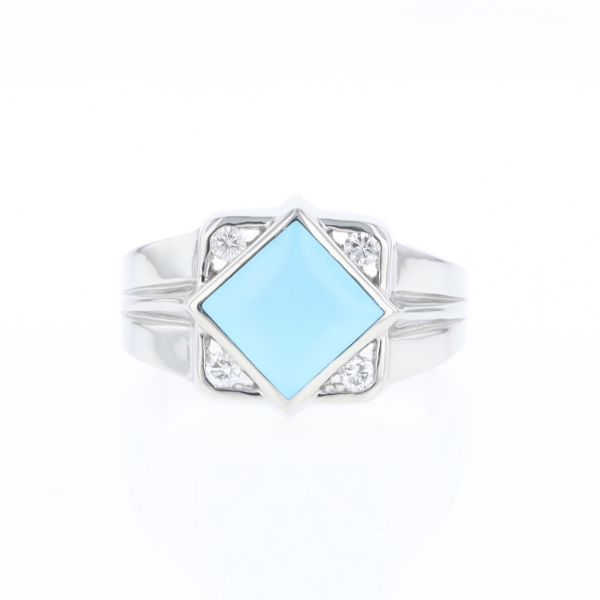 Natural Sleeping Beauty Turquoise ring diamond shape inlaid design with .16ctw round diamonds