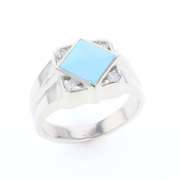 Natural Sleeping Beauty Turquoise ring diamond shape inlaid design with .16ctw round diamonds