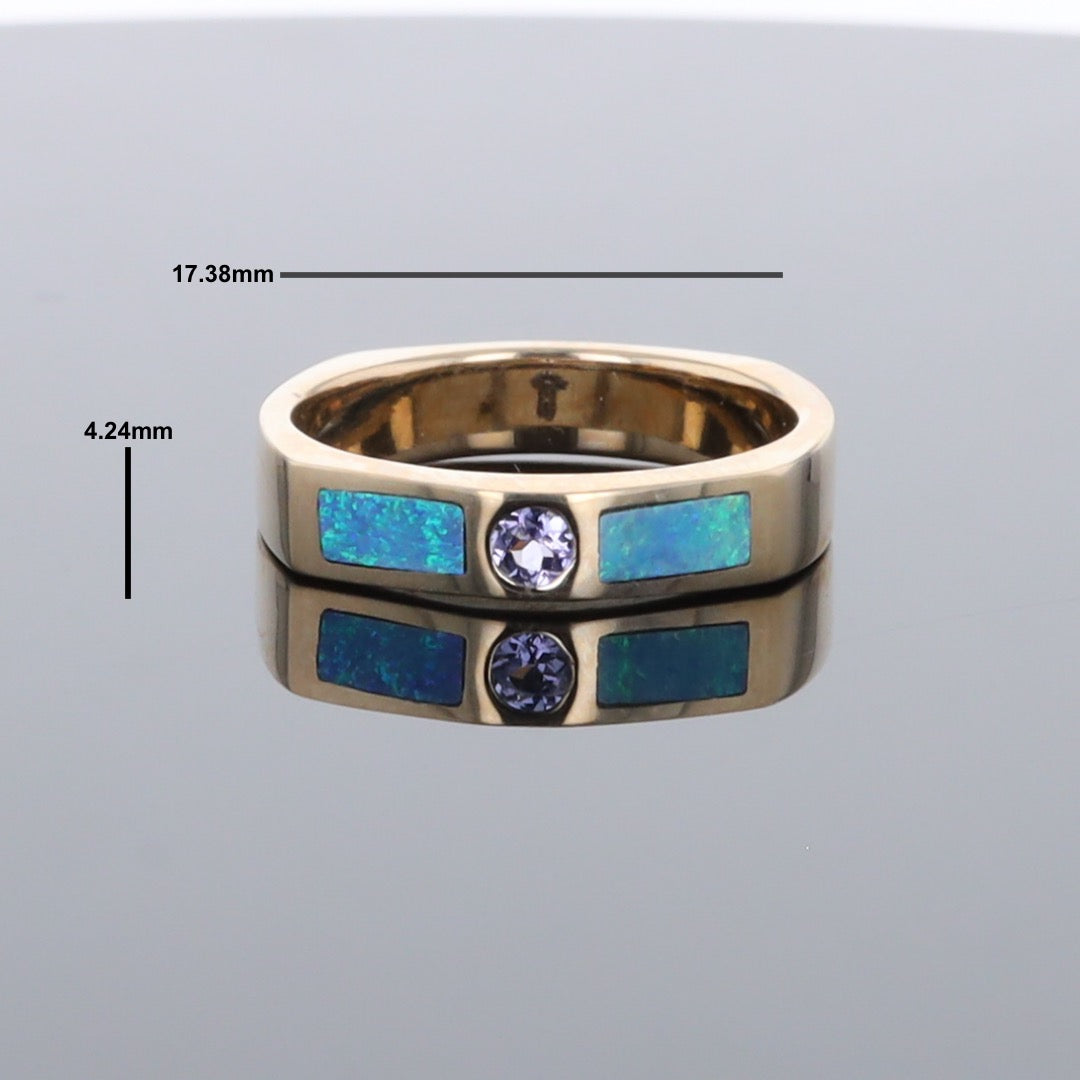 Opal Rings 2 Section Inlaid Design with Round Tanzanite