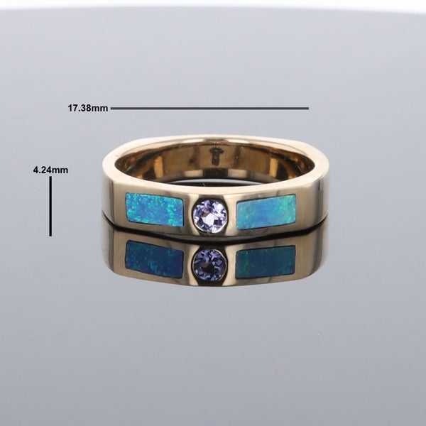 Opal Rings 2 Section Inlaid Design with Round Tanzanite