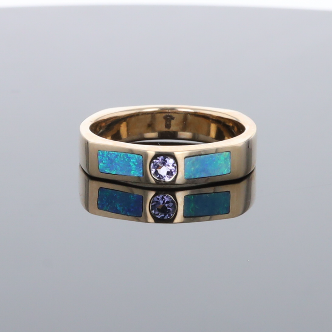 Opal Rings 2 Section Inlaid Design with Round Tanzanite