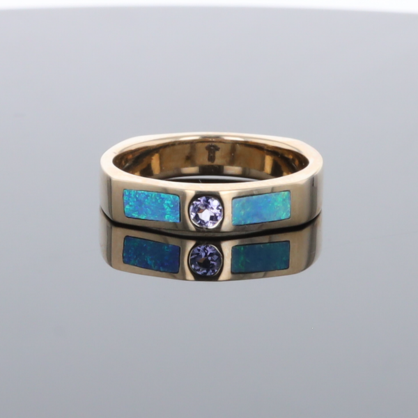 Opal Rings 2 Section Inlaid Design with Round Tanzanite