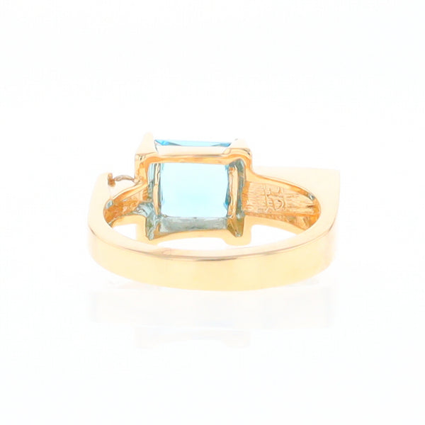 Gold Quartz Ring Rectangle Inlay Swiss Blue Topaz .06ct Round Diamond