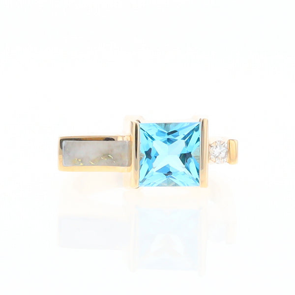 Gold Quartz Ring Rectangle Inlay Swiss Blue Topaz .06ct Round Diamond