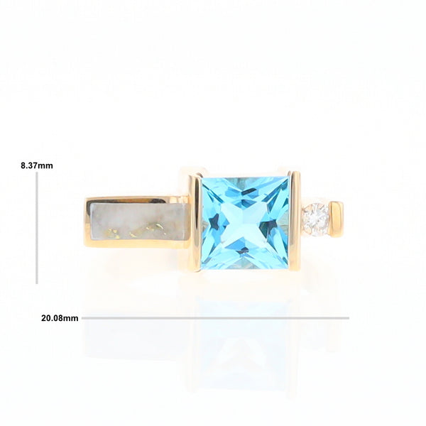 Gold Quartz Ring Rectangle Inlay Swiss Blue Topaz .06ct Round Diamond