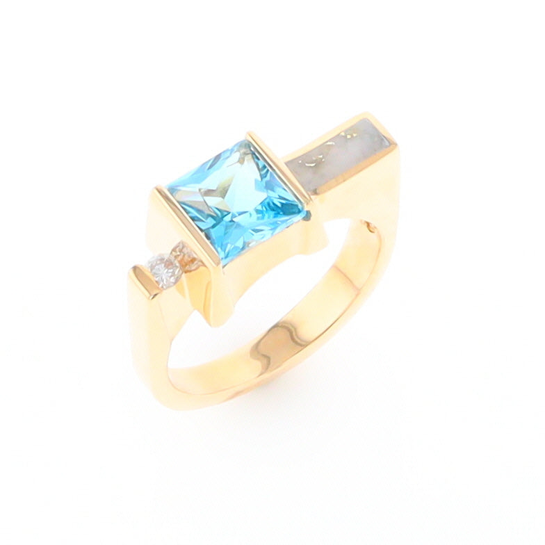 Gold Quartz Ring - All Natural Inlay - Swiss Blue Topaz – Hawkes and Co