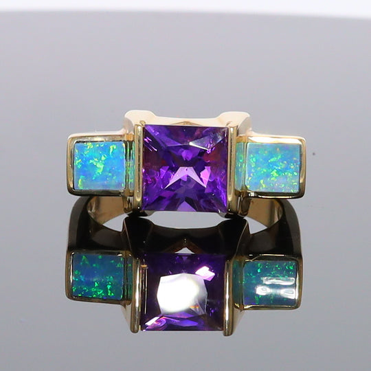 Opal Rings Rectangle Double Side Inlaid with Princess Cut Amethyst