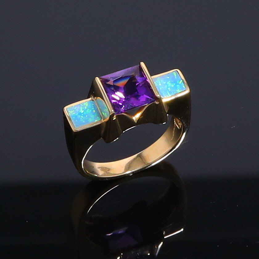 Opal Rings Rectangle Double Side Inlaid with Princess Cut Amethyst