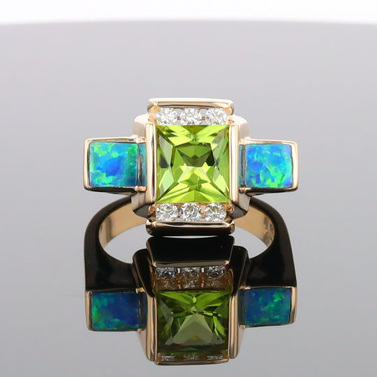 Opal Rings 2 Square Inlaid Peridot with 0.24ctw Diamonds