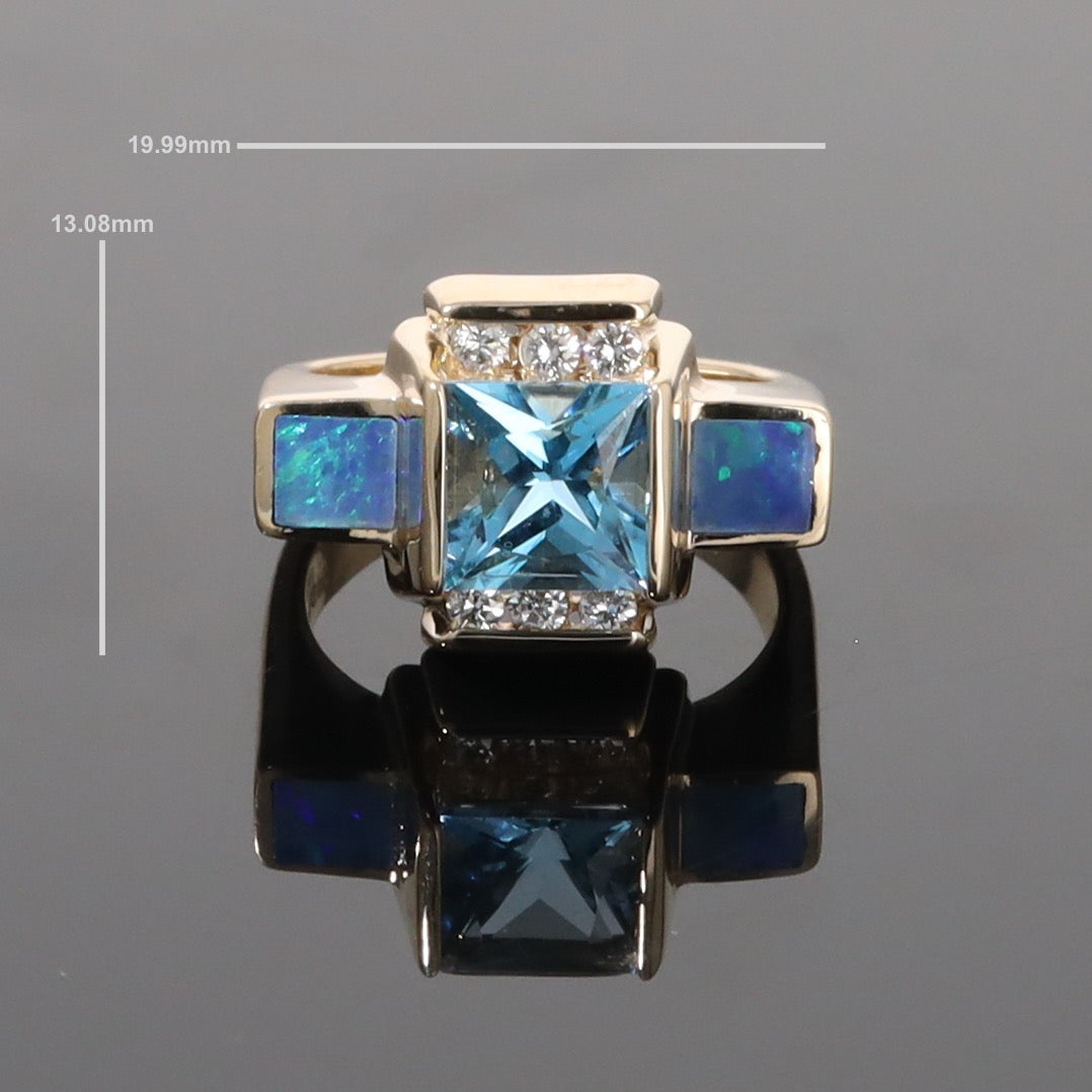 Opal Rings Inlaid Sides Swiss Blue Topaz Center with .24ctw Diamonds