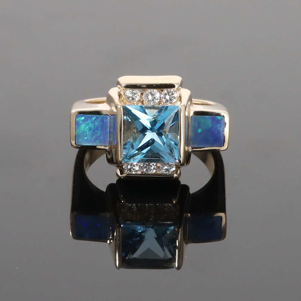 Opal Rings Inlaid Sides Swiss Blue Topaz Center with .24ctw Diamonds