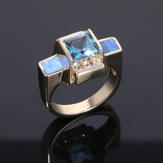 Opal Rings Inlaid Sides Swiss Blue Topaz Center with .24ctw Diamonds