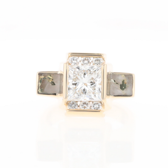 Princess Cut Diamond Gold Quartz 2-Square Inlaid Ring