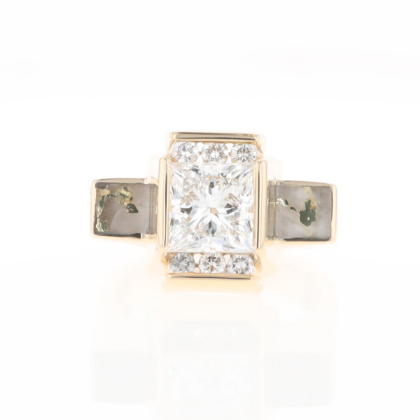 Princess Cut Diamond Gold Quartz 2-Square Inlaid Ring