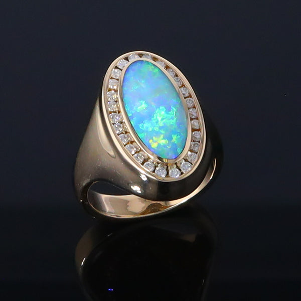 Opal Rings Oval Inlaid Design with .36ctw Round Diamonds Halo