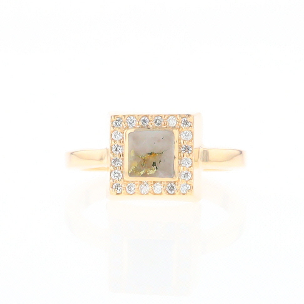 Gold Quartz Ring Square Inlaid Halo .14ctw Diamonds Design