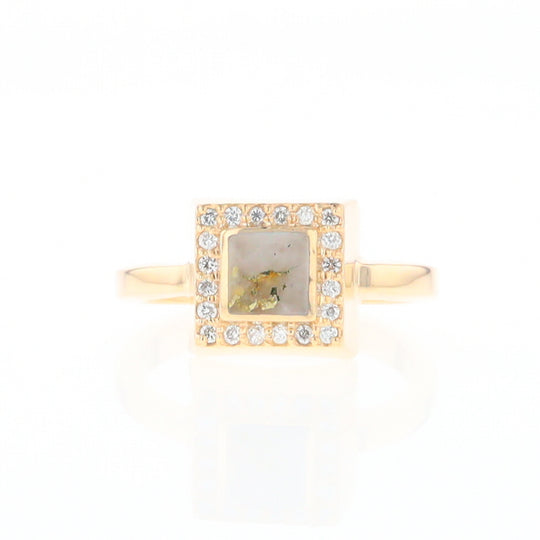 Gold Quartz Ring Square Inlaid Halo .14ctw Diamonds Design