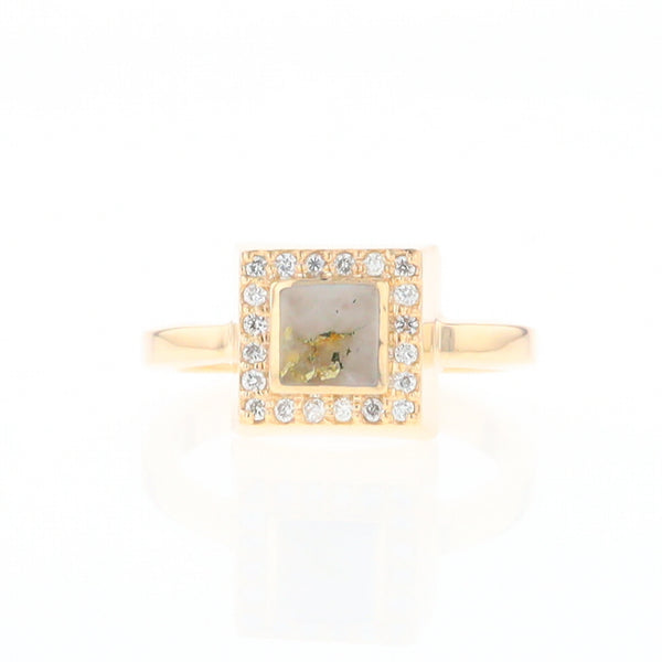 Gold Quartz Ring Square Inlaid Halo .14ctw Diamonds Design