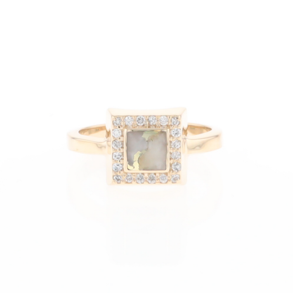 Gold Quartz Ring Square Inlaid Halo .14ctw Diamonds Design