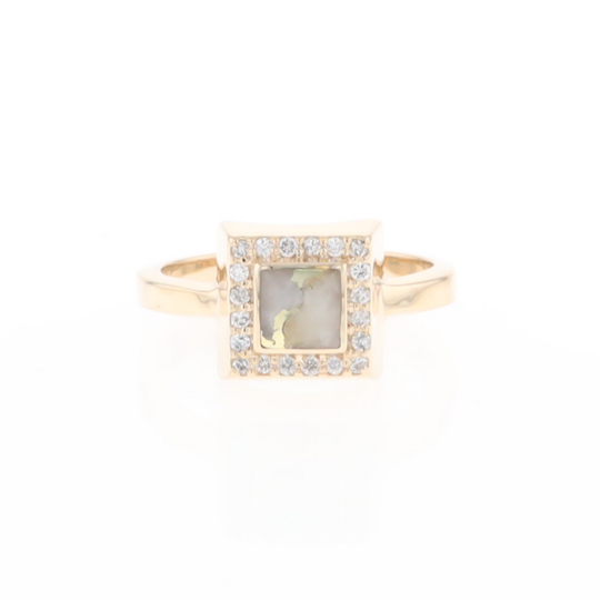 Gold Quartz Ring Square Inlaid Halo .14ctw Diamonds Design